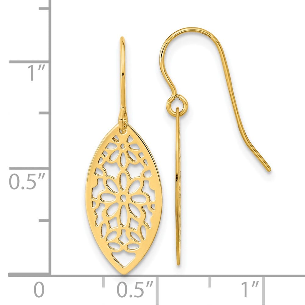 14K Yellow Gold Flower in Oval Frame Dangle French Hook Earrings, view 3 of 4