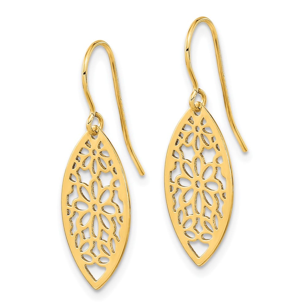 14K Yellow Gold Flower in Oval Frame Dangle French Hook Earrings, view 2 of 4