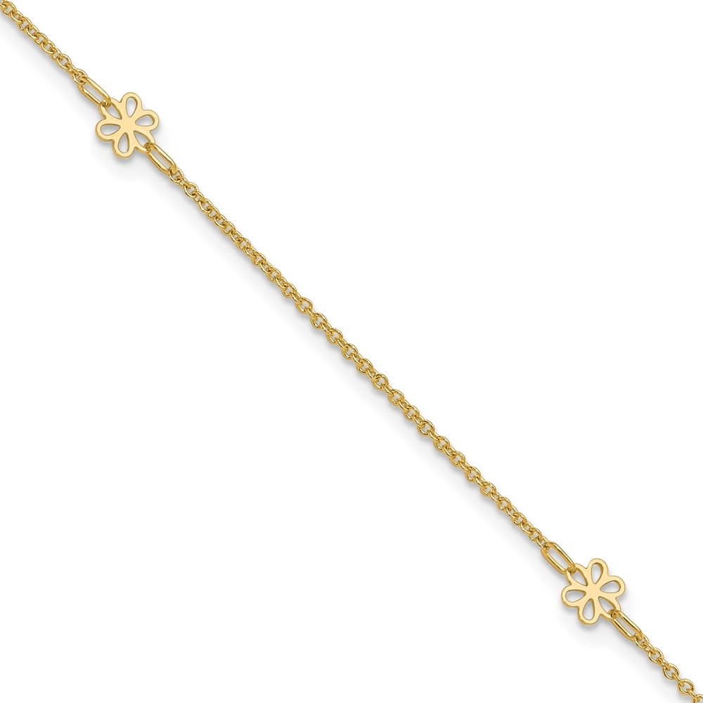 14K Yellow Gold Flowers 3-Station with Flower Dangle Anklet — solid 14K yellow gold, 10 inches long, 1 inch extension, 1.38 mm wide, lobster clasp, 2.18 g