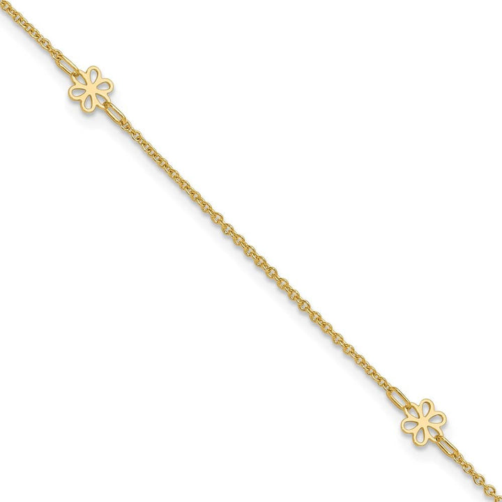 14K Yellow Gold Flowers 3-Station with Flower Dangle Anklet — solid 14K yellow gold, 10 inches long, 1 inch extension, 1.38 mm wide, lobster clasp, 2.18 g