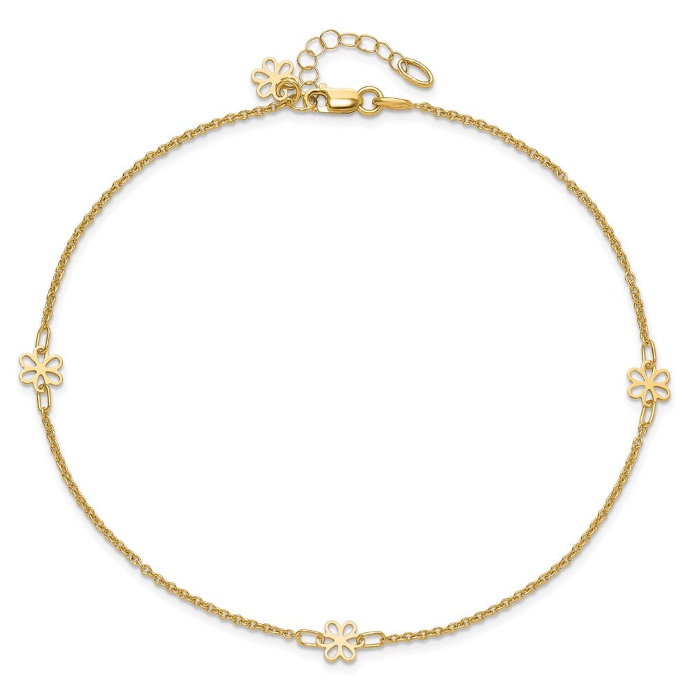 14K Yellow Gold Flowers 3-Station with Flower Dangle Anklet