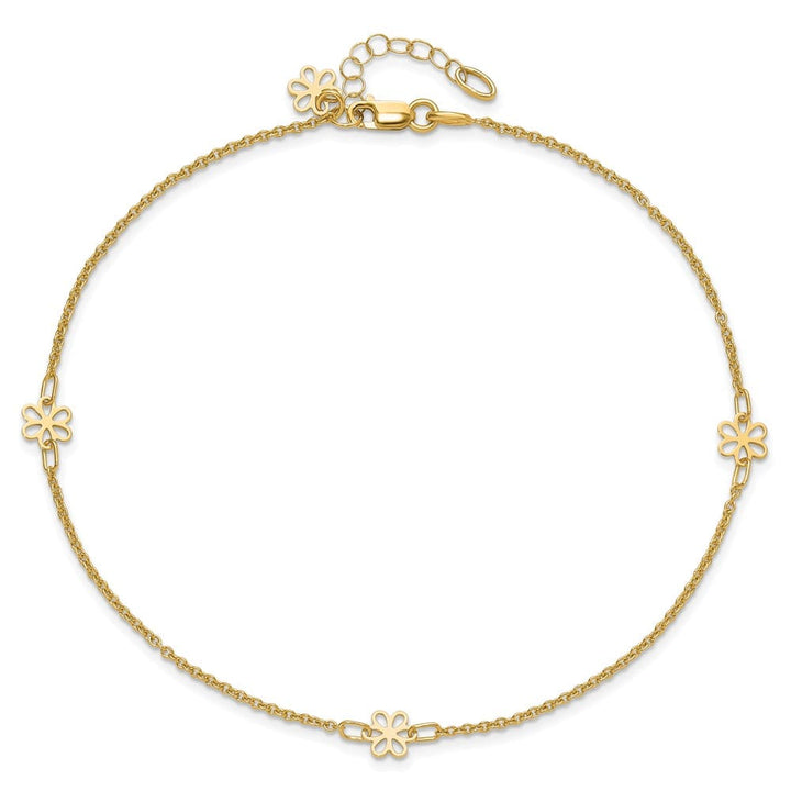 14K Yellow Gold Flowers 3-Station with Flower Dangle Anklet