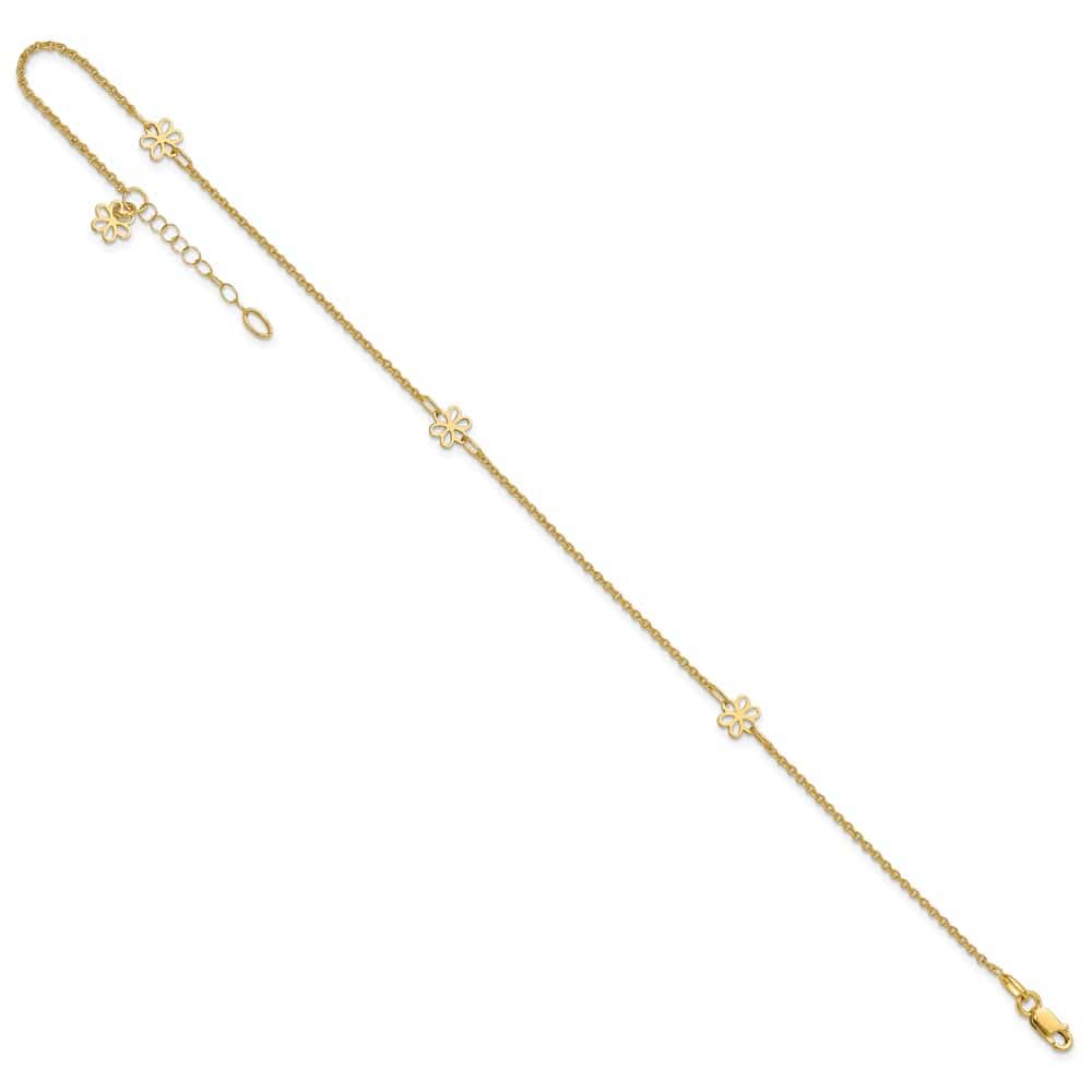 14K Yellow Gold Flowers 3-Station with Flower Dangle Anklet