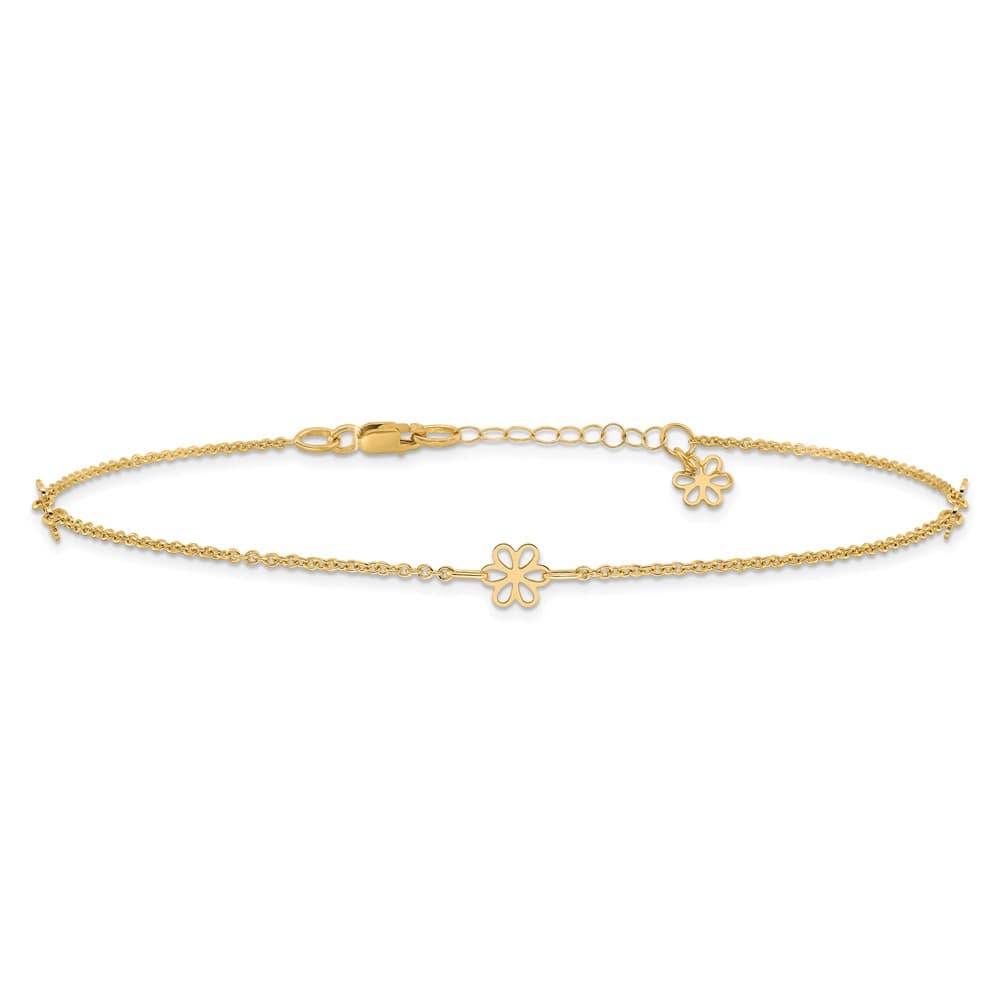 14K Yellow Gold Flowers 3-Station with Flower Dangle Anklet
