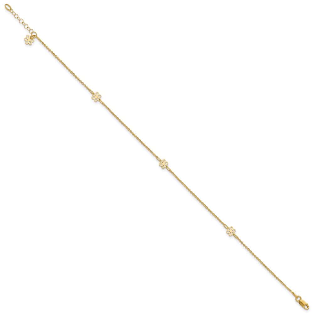 14K Yellow Gold Flowers 3-Station with Flower Dangle Anklet