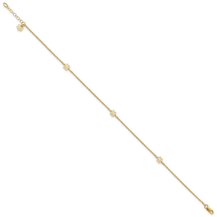 14K Yellow Gold Flowers 3-Station with Flower Dangle Anklet