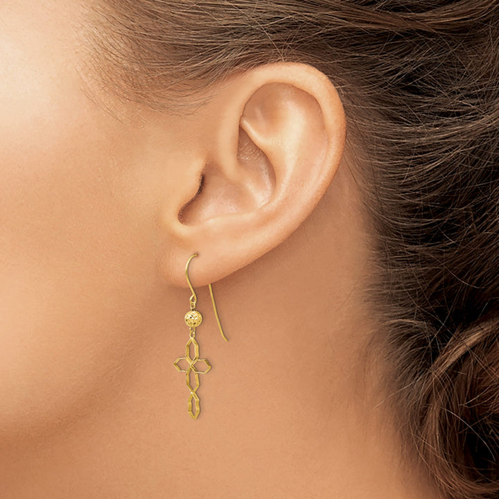14K Yellow Gold Geometric Cross Dangle French Hook Earrings