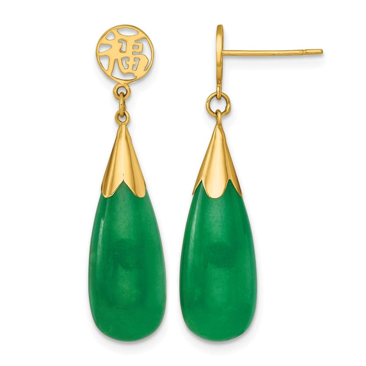14K Yellow Gold Good Luck Symbol Jade Teardrop Dangle Post Earrings, view 1 of 3
