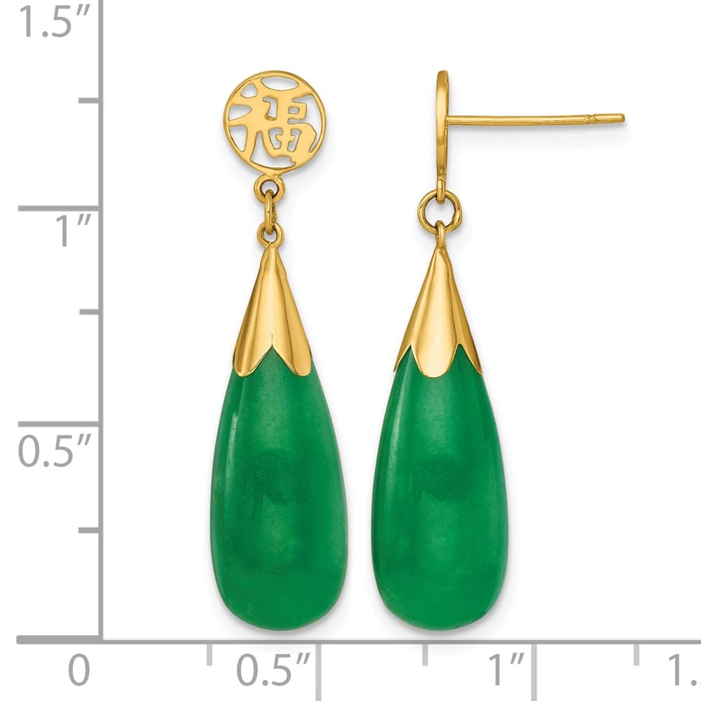 14K Yellow Gold Good Luck Symbol Jade Teardrop Dangle Post Earrings, view 3 of 3