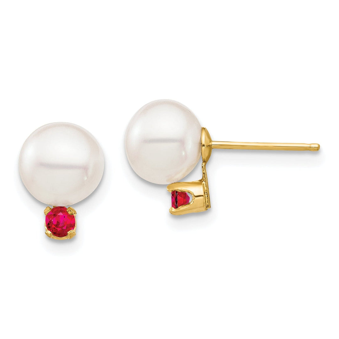 14K Yellow Gold Graceful 7-7.5mm Freshwater Pearl Ruby Studs