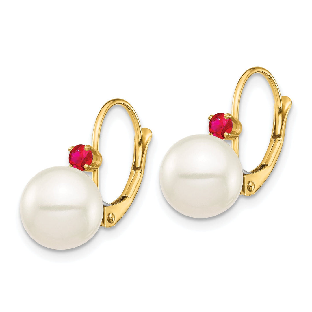 14K Yellow Gold Graceful 8-8.5mm Freshwater Pearl Ruby Leverbacks