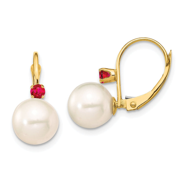 14K Yellow Gold Graceful 8-8.5mm Freshwater Pearl Ruby Leverbacks