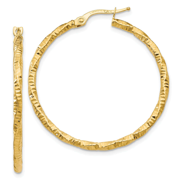 14K Yellow Gold Graceful Polished Textured 34.5mm Hoops