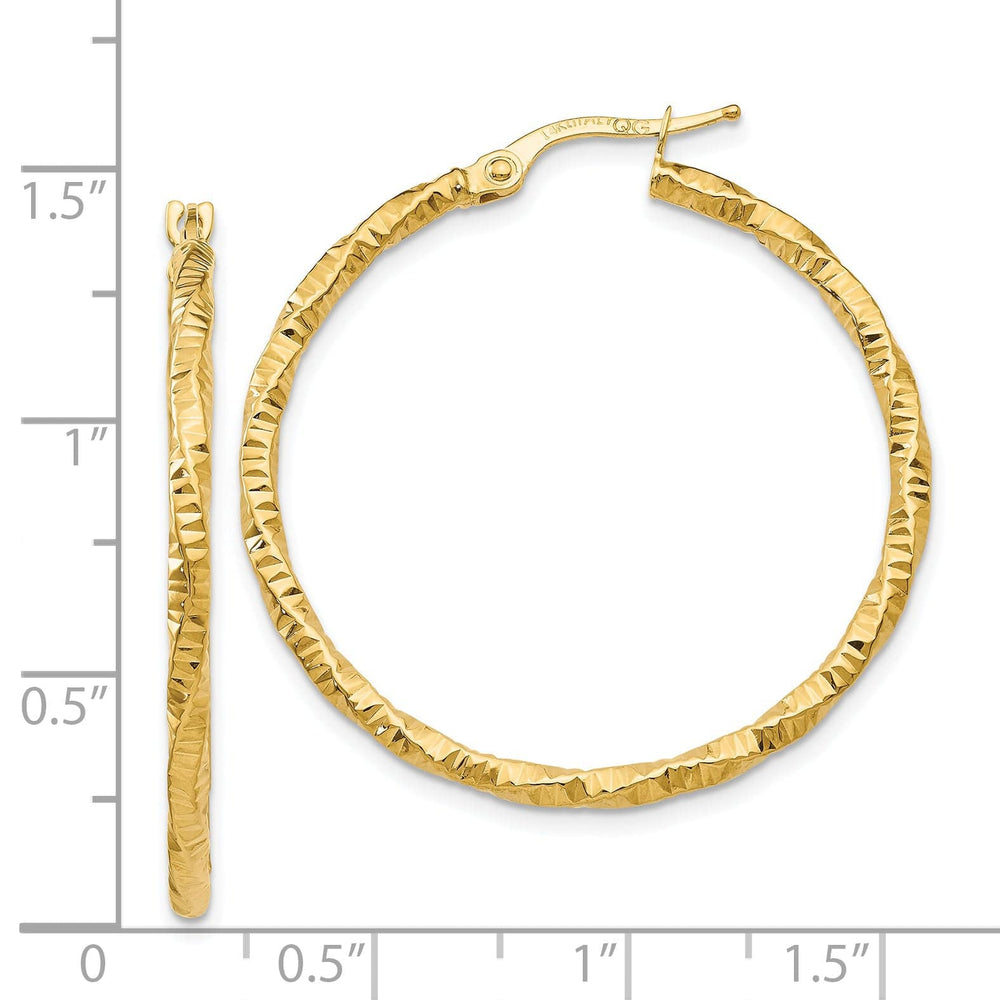 14K Yellow Gold Graceful Polished Textured 34.5mm Hoops
