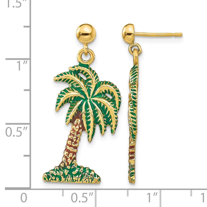 14K Yellow Gold Green and Brown Enamel Palm Tree Dangle Post Earrings, view 4 of 4