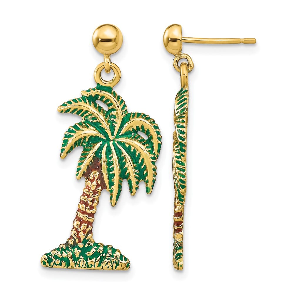 14K Yellow Gold Green and Brown Enamel Palm Tree Dangle Post Earrings, view 1 of 4
