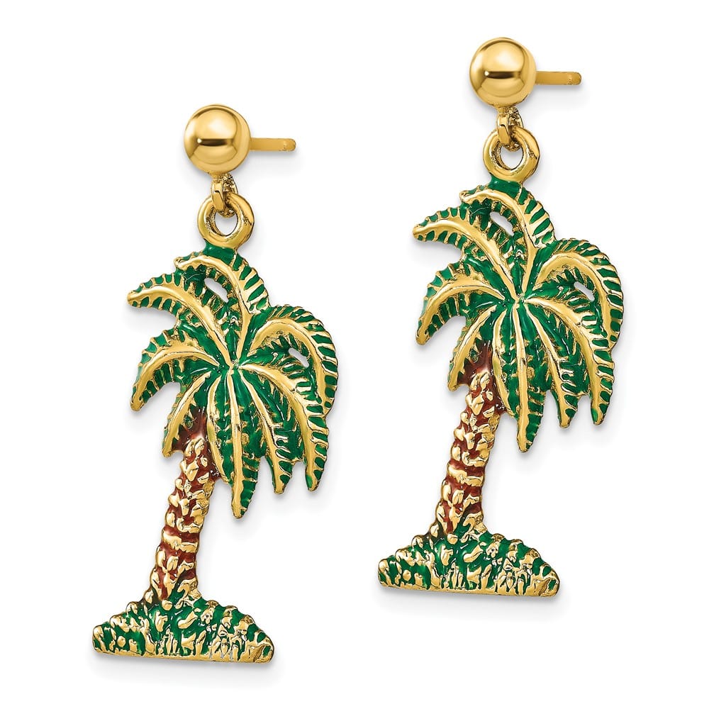 14K Yellow Gold Green and Brown Enamel Palm Tree Dangle Post Earrings, view 2 of 4