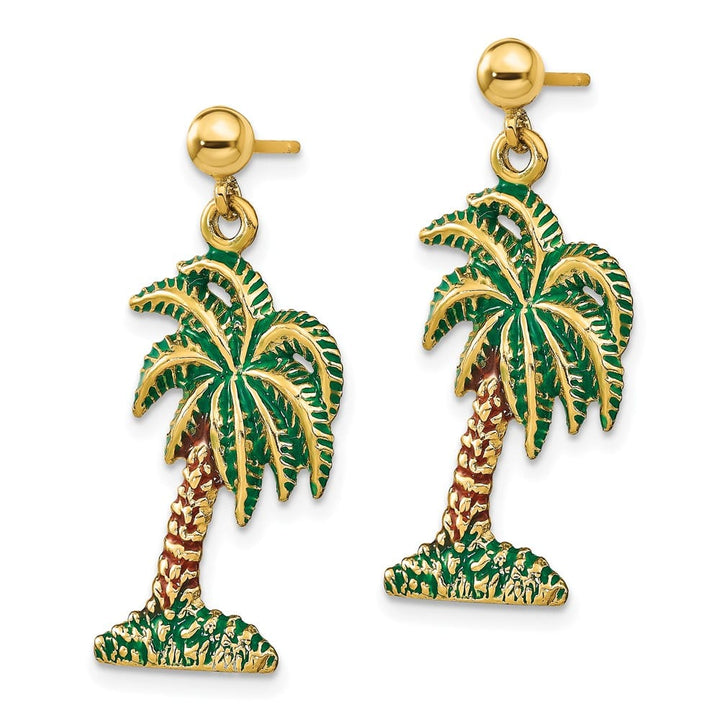 14K Yellow Gold Green and Brown Enamel Palm Tree Dangle Post Earrings, view 2 of 4