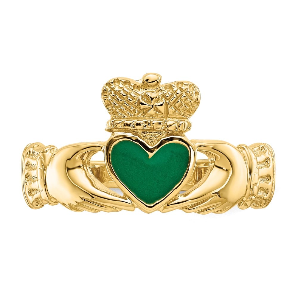 14k Yellow Gold Green Enamel Claddagh Ring