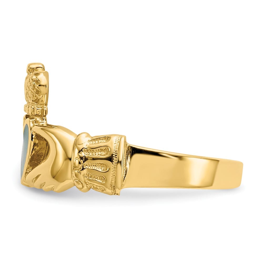 14k Yellow Gold Green Enamel Claddagh Ring