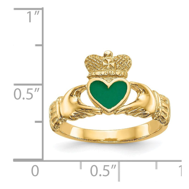 14k Yellow Gold Green Enamel Claddagh Ring