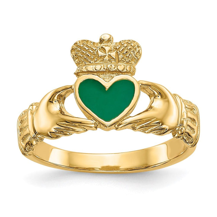 14k Yellow Gold Green Enamel Claddagh Ring