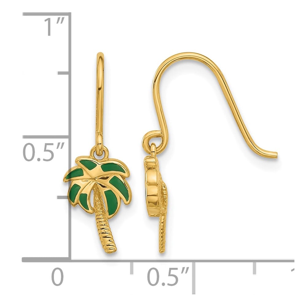 14K Yellow Gold Green Enameled Palm Tree Dangle French Hook Earrings, view 4 of 4