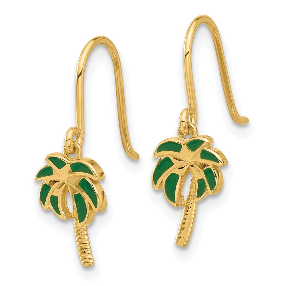 14K Yellow Gold Green Enameled Palm Tree Dangle French Hook Earrings, view 2 of 4