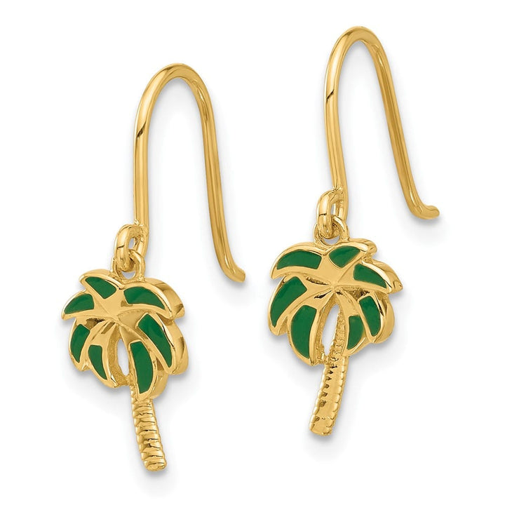 14K Yellow Gold Green Enameled Palm Tree Dangle French Hook Earrings, view 2 of 4
