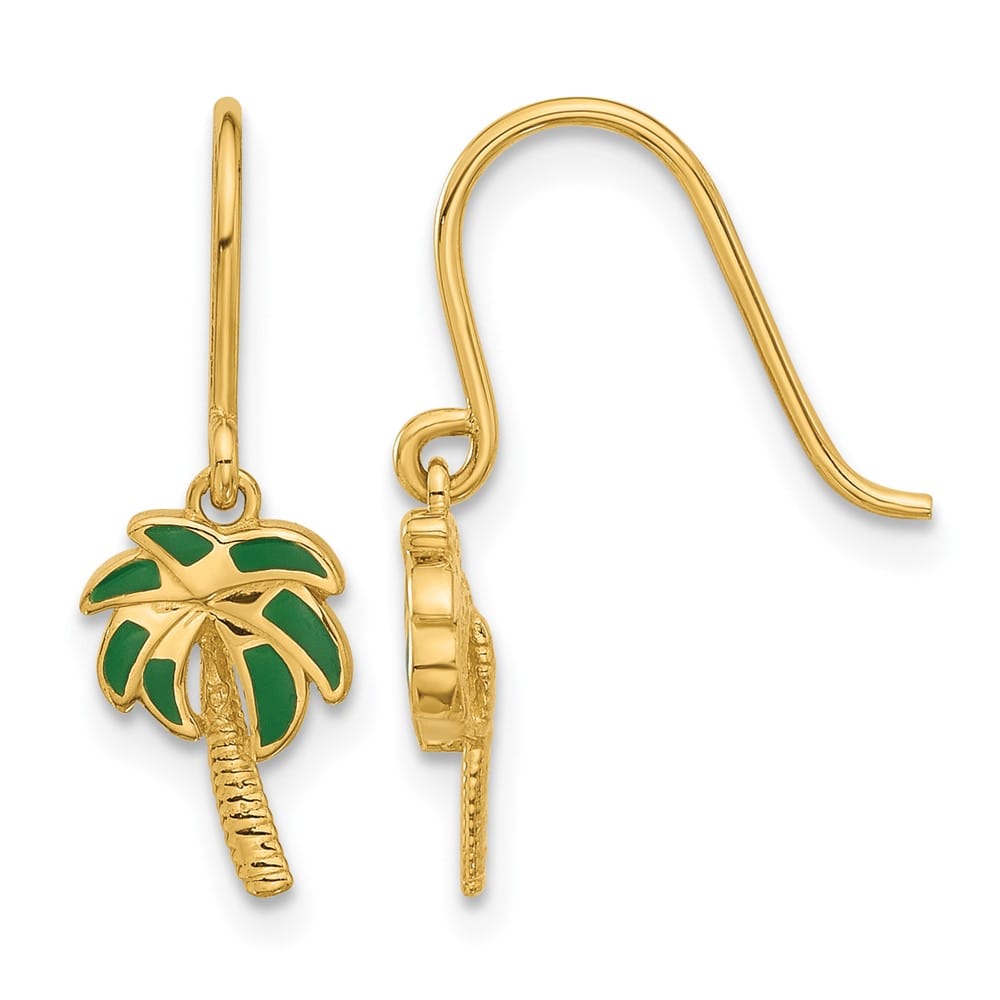14K Yellow Gold Green Enameled Palm Tree Dangle French Hook Earrings, view 1 of 4
