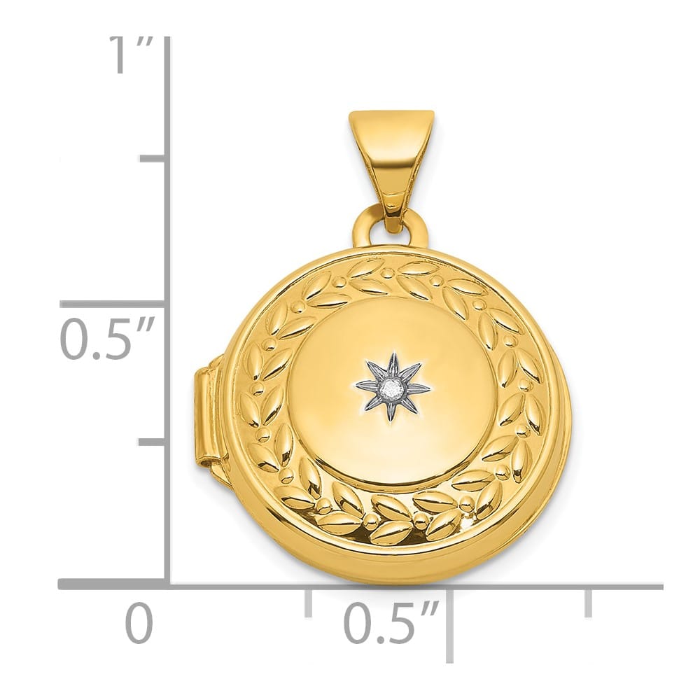 14K Yellow Gold Half Point Diamond Leaf Border 16mm Round Locket