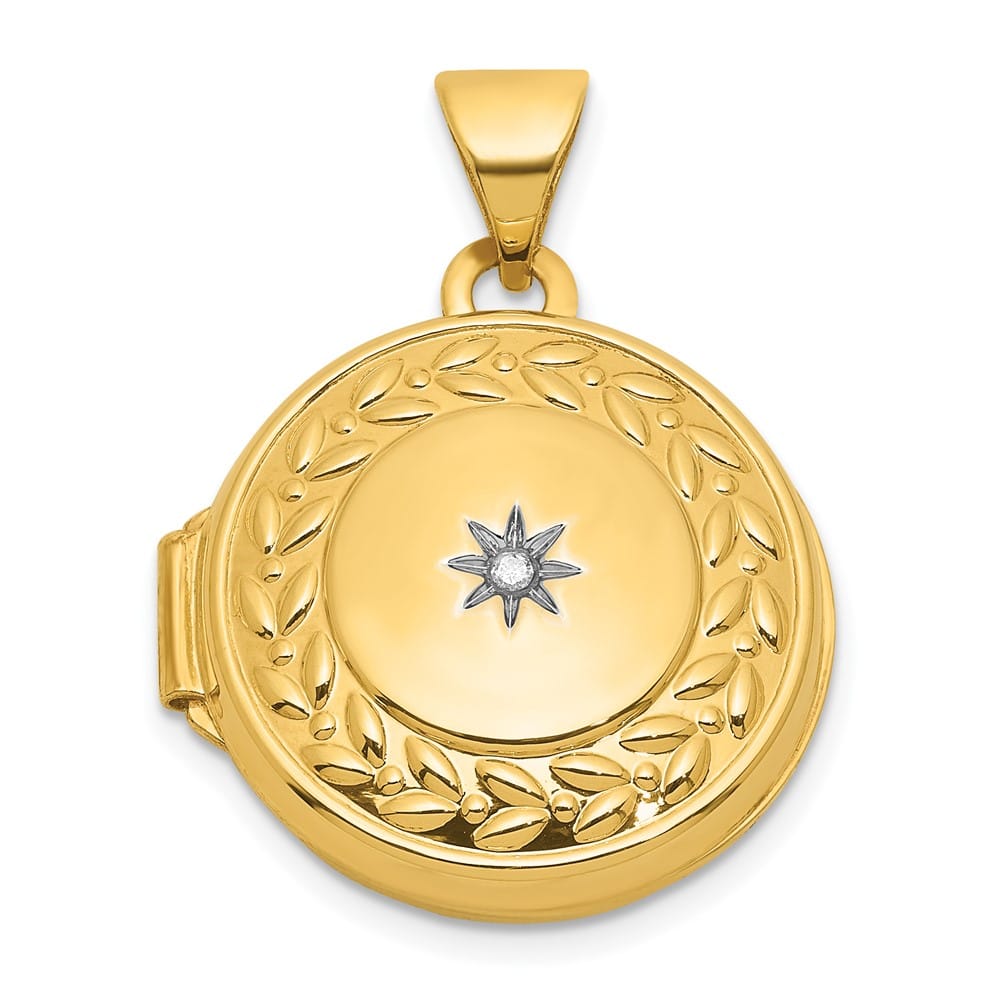 14K Yellow Gold Half Point Diamond Leaf Border 16mm Round Locket