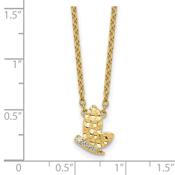 14K Yellow Gold Hammered 1/20 ct Diamond Butterfly 18 inch Necklace