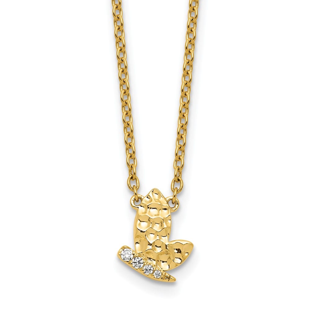 14K Yellow Gold Hammered 1/20 ct Diamond Butterfly 18 inch Necklace
