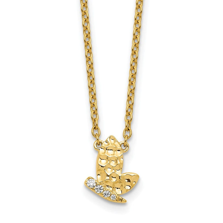 14K Yellow Gold Hammered 1/20 ct Diamond Butterfly 18 inch Necklace