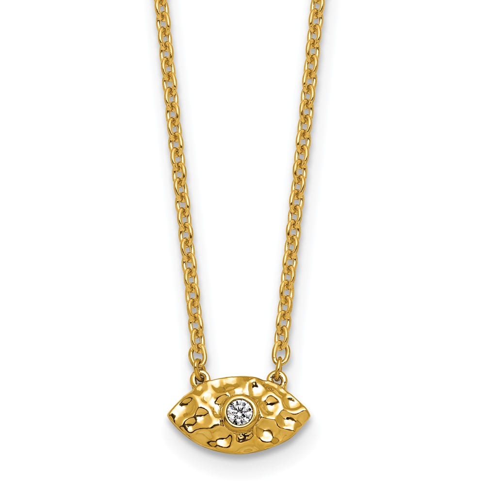 14K Yellow Gold Hammered 1/20 ct Diamond Evil Eye 18 inch Necklace
