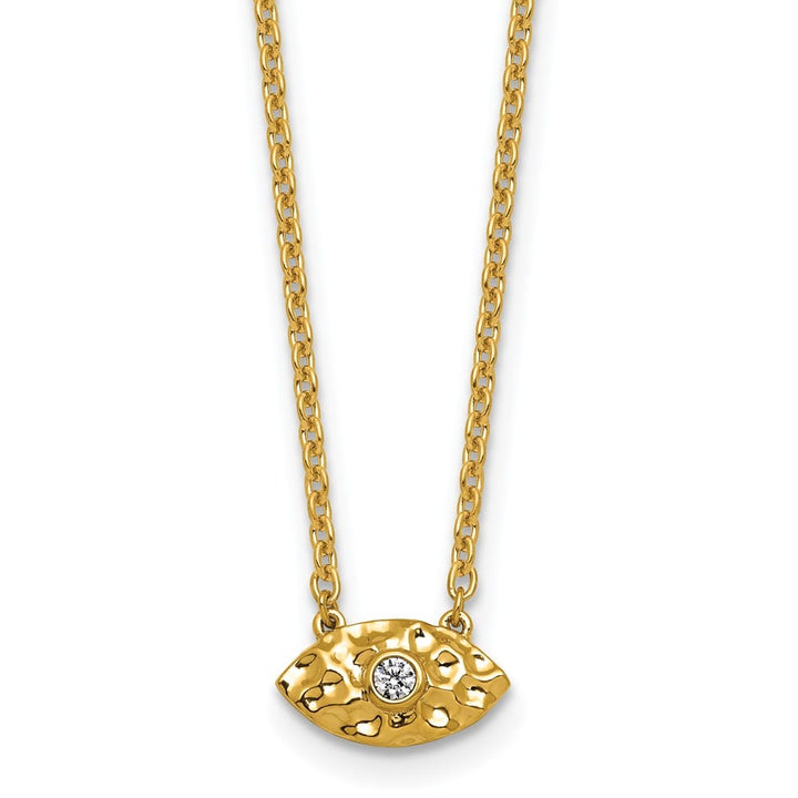 14K Yellow Gold Hammered 1/20 ct Diamond Evil Eye 18 inch Necklace