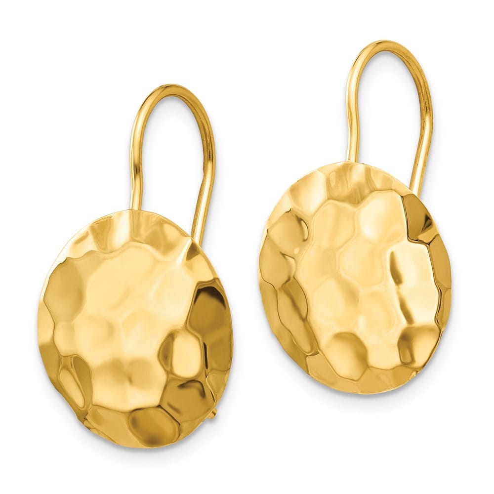 14K Yellow Gold Hammered 14mm Circle Disc Kidney Wire Earrings, view 2 of 4