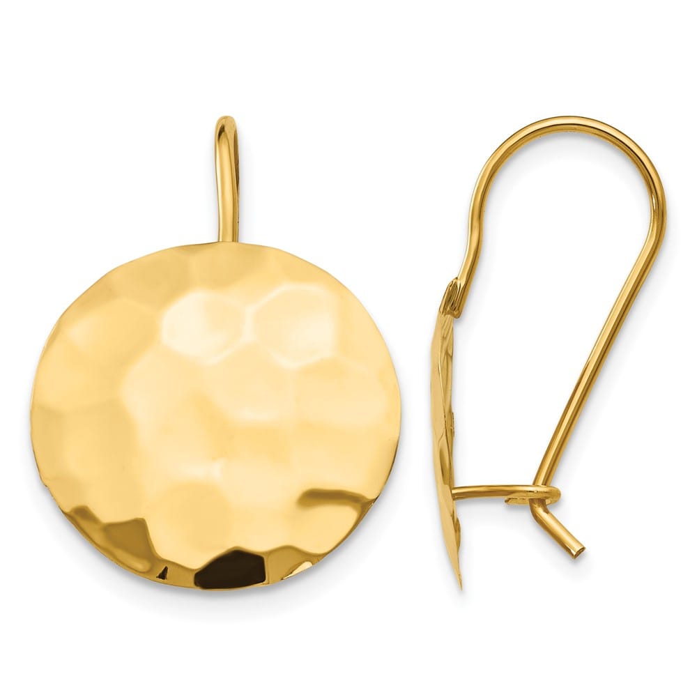 14K Yellow Gold Hammered 14mm Circle Disc Kidney Wire Earrings, view 1 of 4