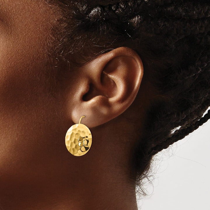 14K Yellow Gold Hammered 18mm Circle Disc Kidney Wire Earrings, view 3 of 4