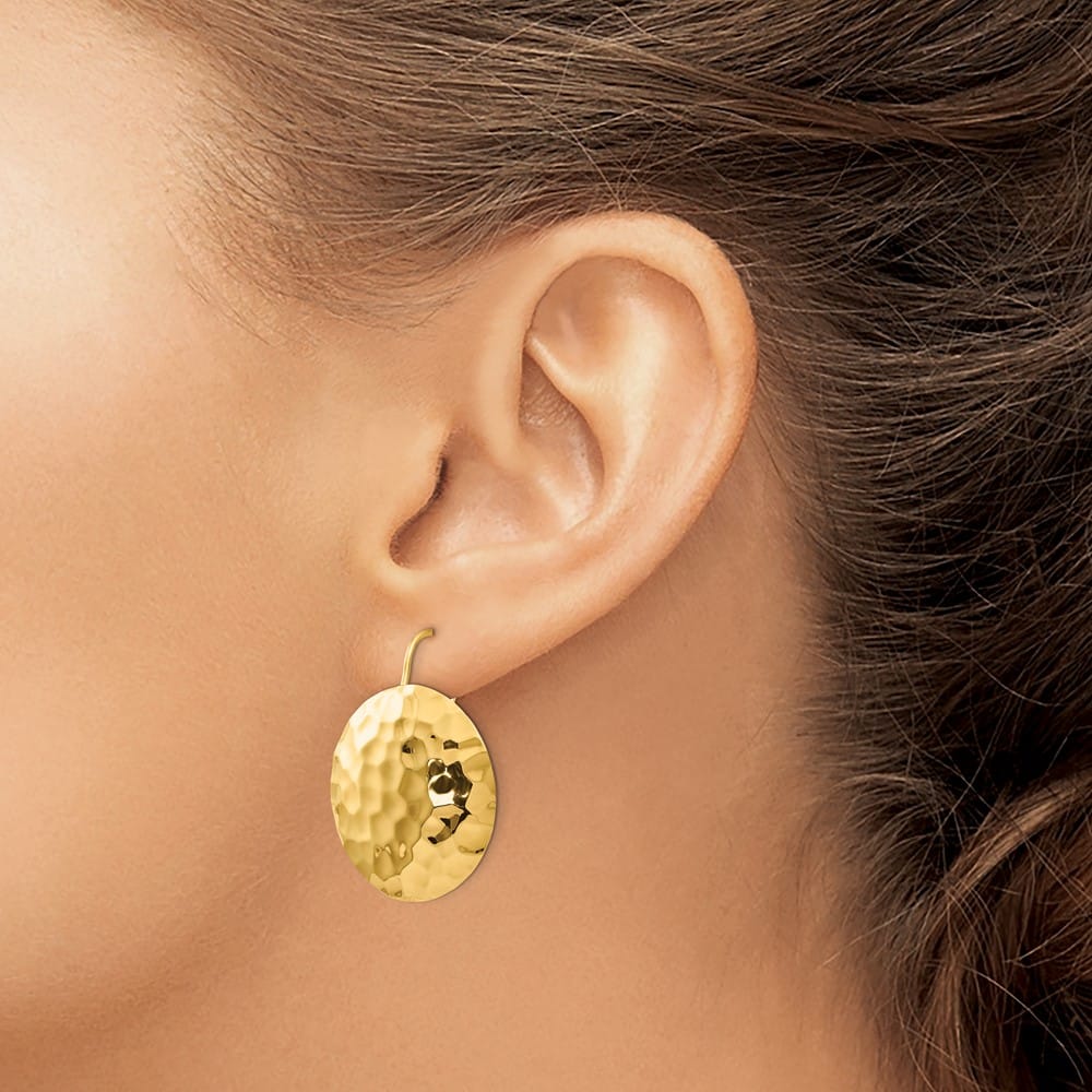 14K Yellow Gold Hammered 24mm Circle Disc Kidney Wire Earrings, view 3 of 4