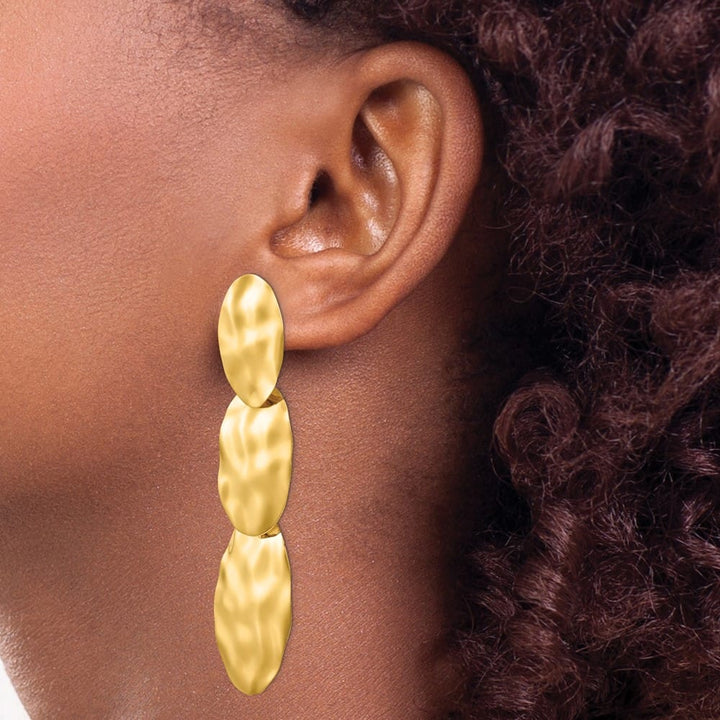 14K Yellow Gold Hammered Graduated 3-Circle Dangle Post Earrings, view 3 of 4