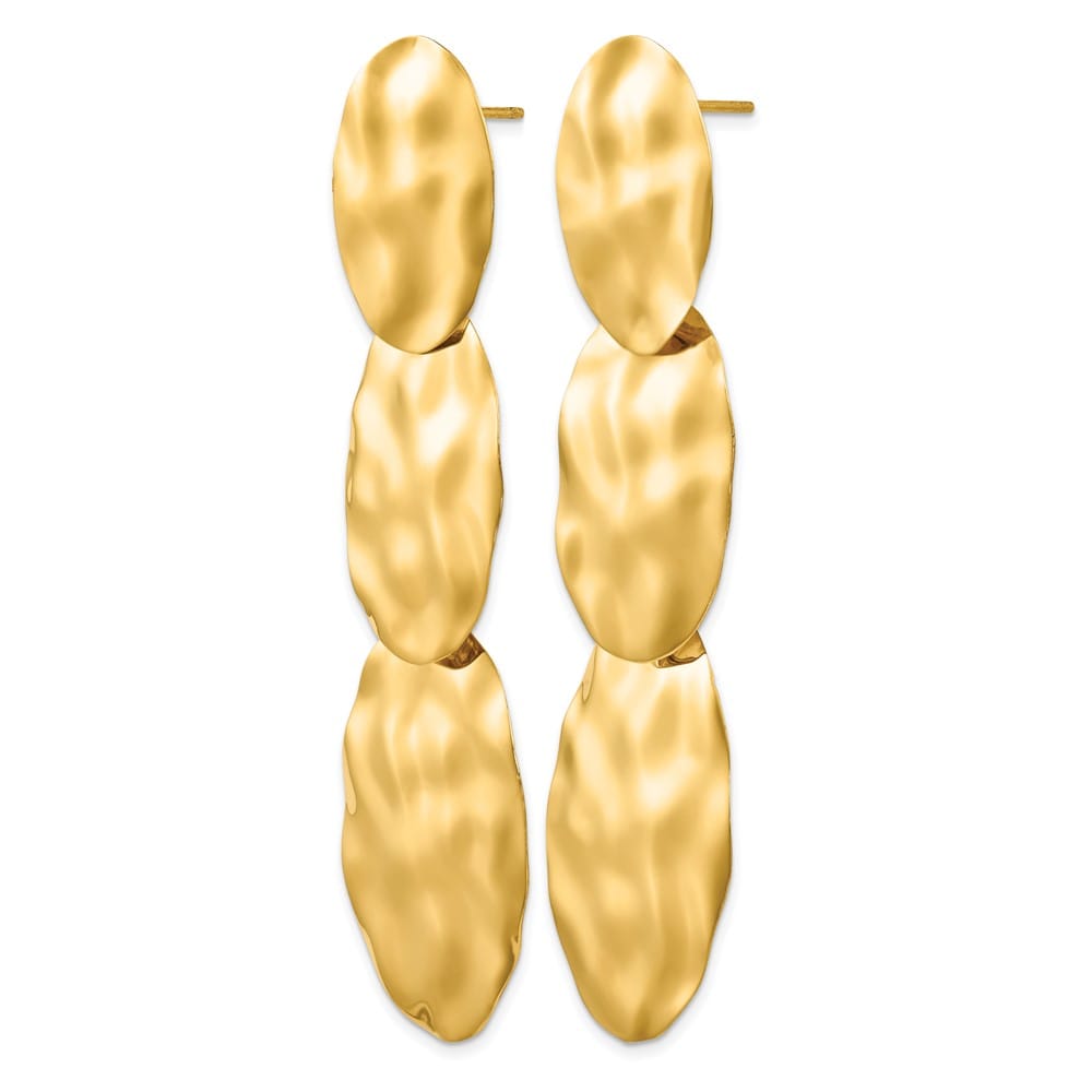 14K Yellow Gold Hammered Graduated 3-Circle Dangle Post Earrings, view 2 of 4