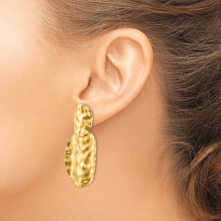 14K Yellow Gold Hammered Graduated Circles Dangle Post Earrings, view 3 of 4