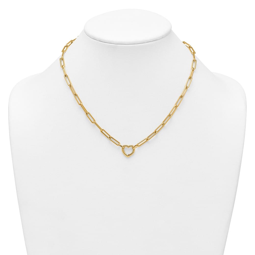 14K Yellow Gold Heart Clasp Paperclip Chain 17.5 inch Necklace