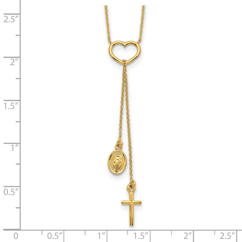 14K Yellow Gold Heart Cross and Miraculous Medal 17 inch Y-Necklace