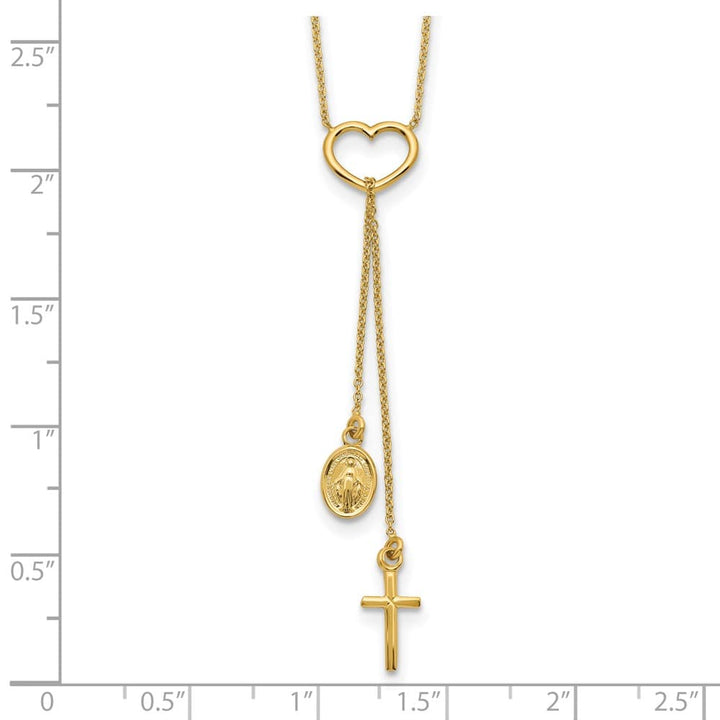 14K Yellow Gold Heart Cross and Miraculous Medal 17 inch Y-Necklace