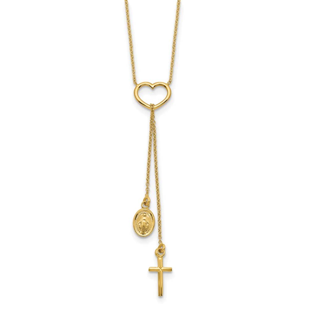 14K Yellow Gold Heart Cross and Miraculous Medal 17 inch Y-Necklace