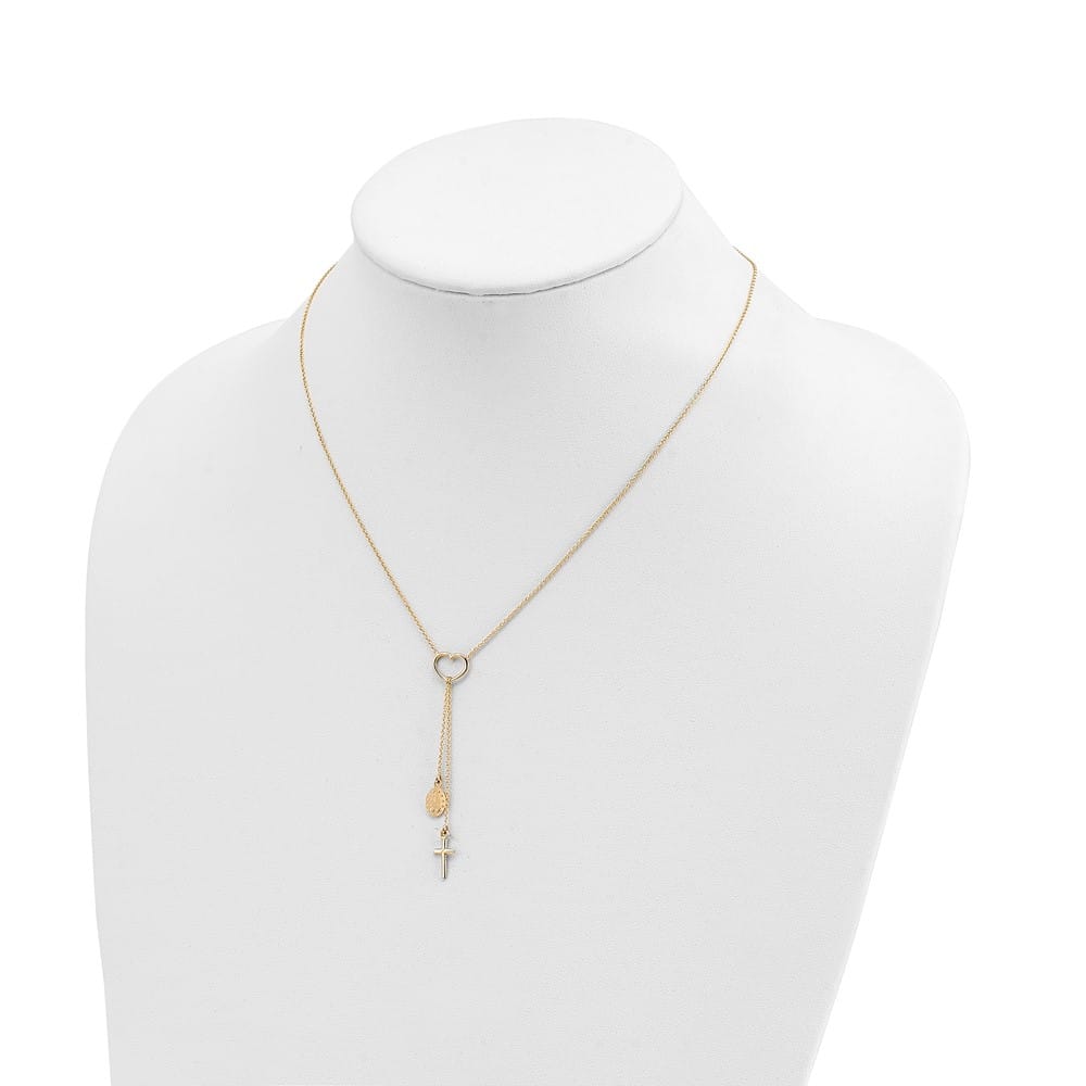 14K Yellow Gold Heart Cross and Miraculous Medal 17 inch Y-Necklace