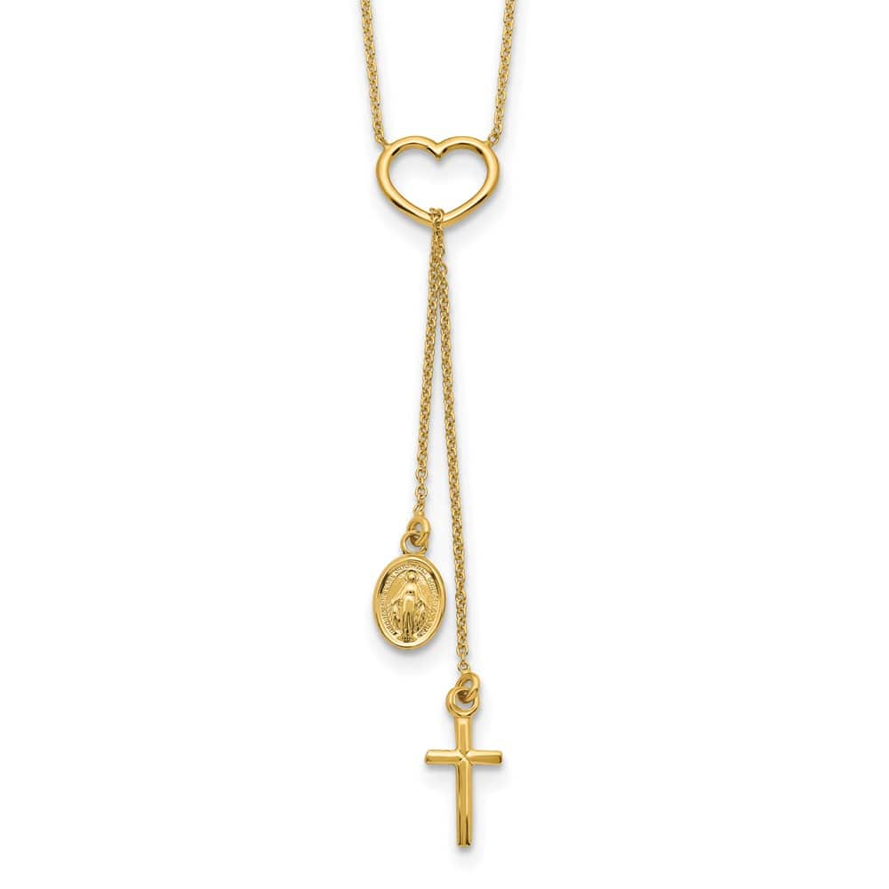 14K Yellow Gold Heart Cross and Miraculous Medal 17 inch Y-Necklace